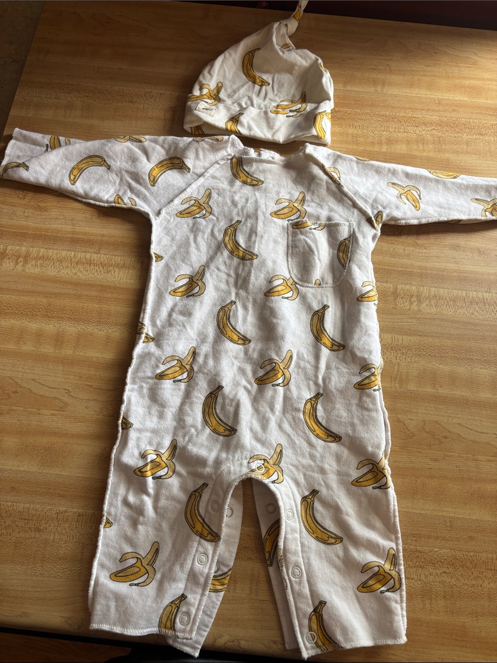 White Banana-Print Baby One-Piece with Hat